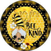 Print Shop Round MDF Cutout Bee Kind Gnome With Honeycomb Pattern, Floral Accents And Honey Drip