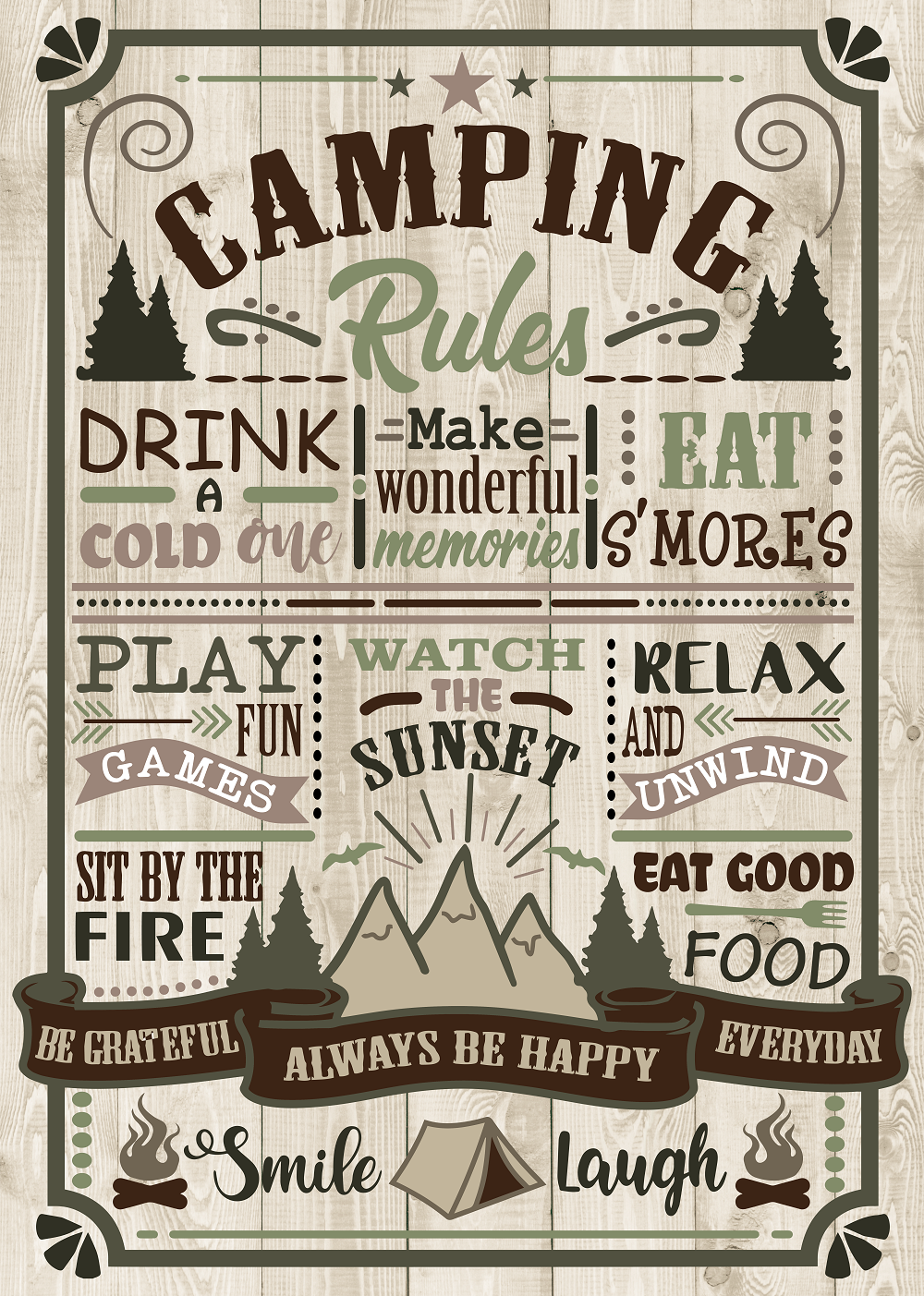 Print Shop Rectangle MDF Cutout Camping Rules Drink A Cold One Make Wonderful Memories Eat S'mores Sit By The Fire