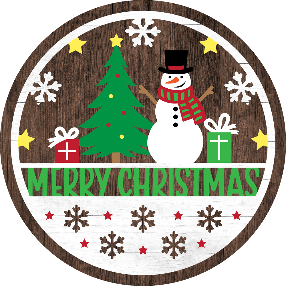 Print Shop Round MDF Cutout Merry Christmas With Tree, Snowman And Gifts