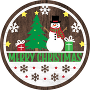 Print Shop Round MDF Cutout Merry Christmas With Tree, Snowman And Gifts