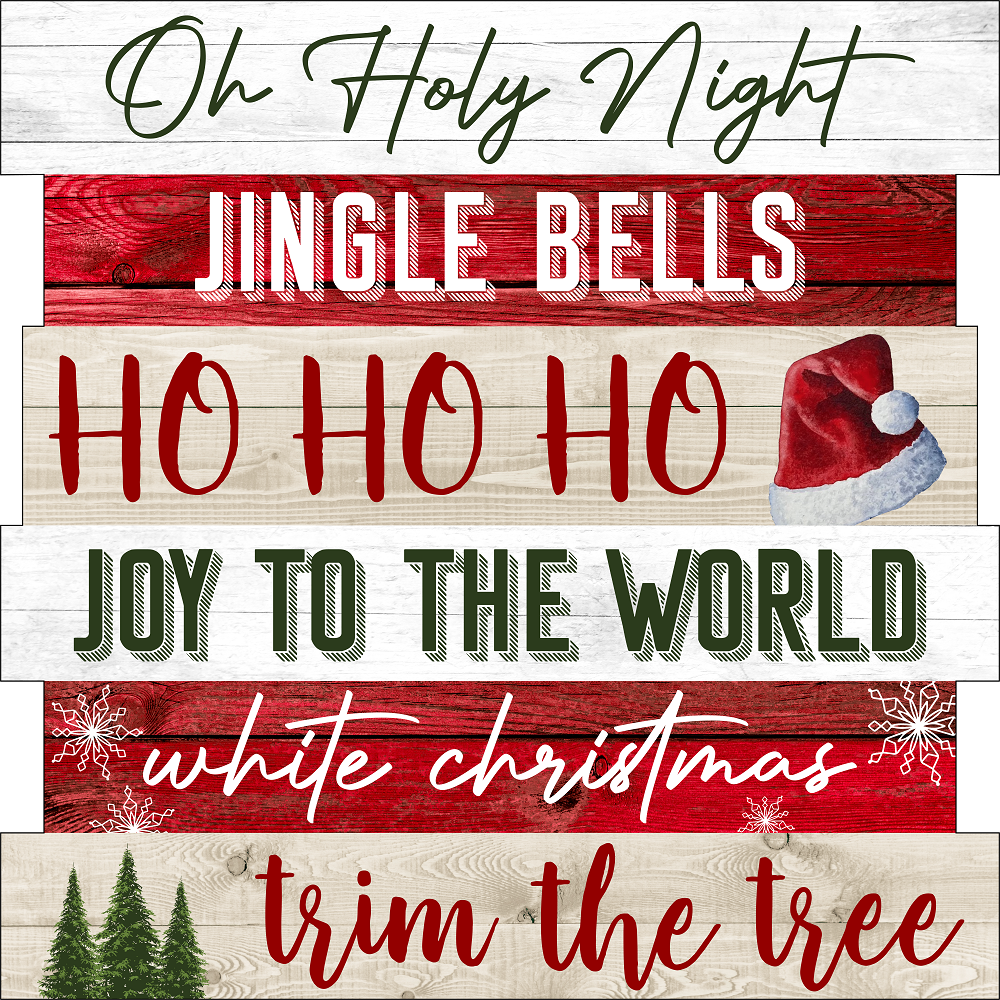 Print Shop Square MDF Cutout Oh Holy Night Jingle Bells Ho Ho Ho Joy To The World White Christmas Trim The Tree
