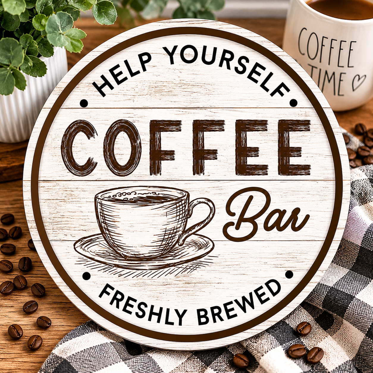 Print Shop Round MDF Cutout Coffee Bar Sign With Cup Illustration And Text Help Yourself Freshly Brewed