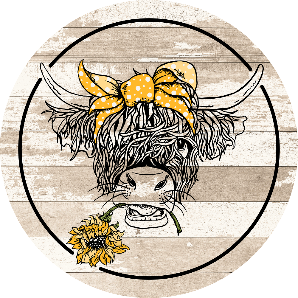 Print Shop Round MDF Cutout Cow With Yellow Bow And Sunflower
