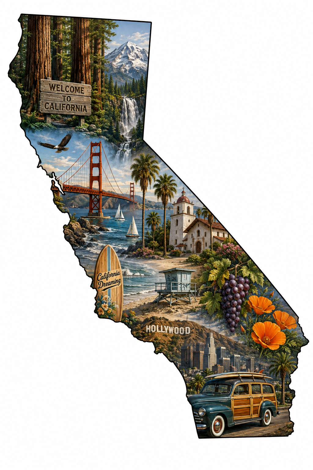 Print Ready California Golden State Door Hanger – California State Landmarks & Coastal Pride Sign – Full Color MDF Front Door Decor