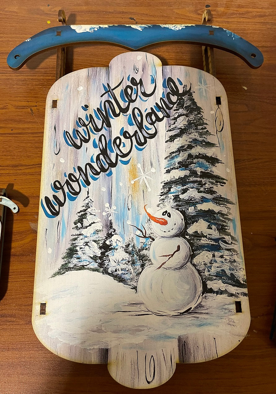 Print Shop Dimensional Sled MDF Cutout Winter Wonderland Snowman And Pine Trees