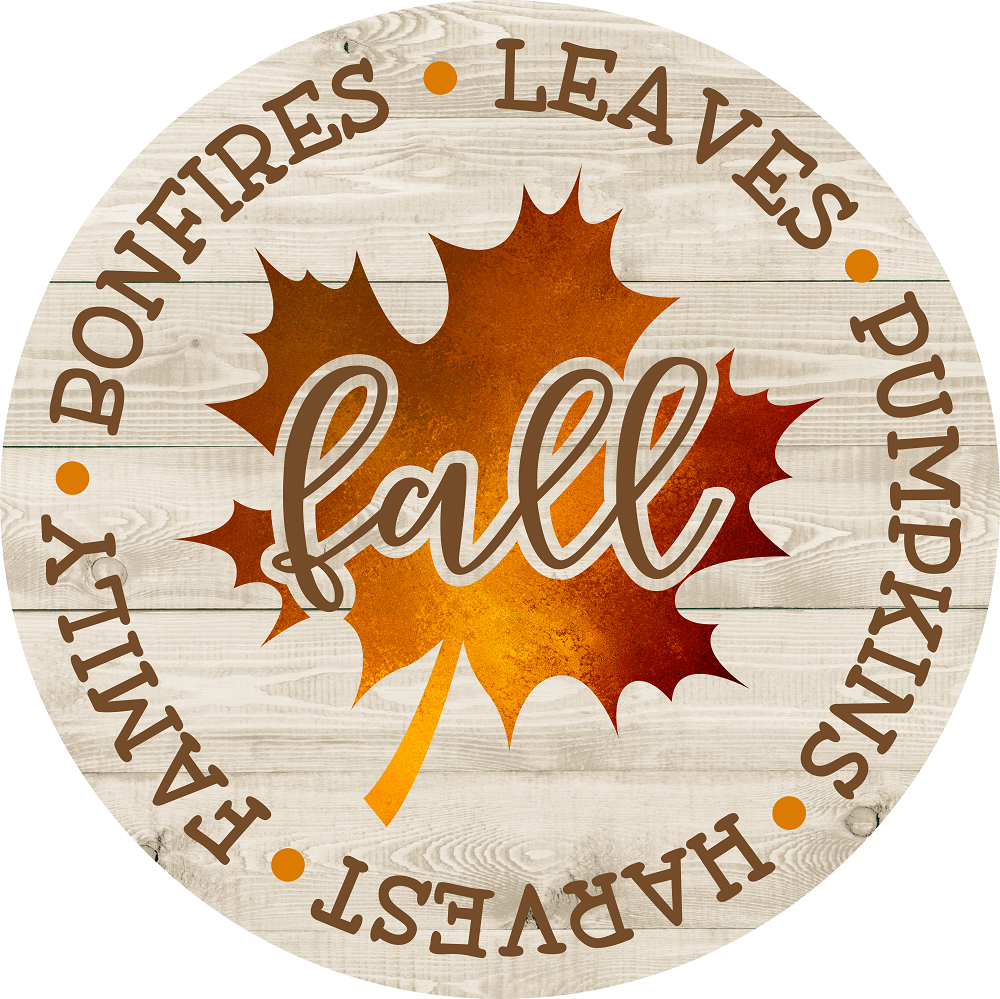 Print Shop Round MDF Cutout Maple Leaf With Script Fall In Orange Gradient