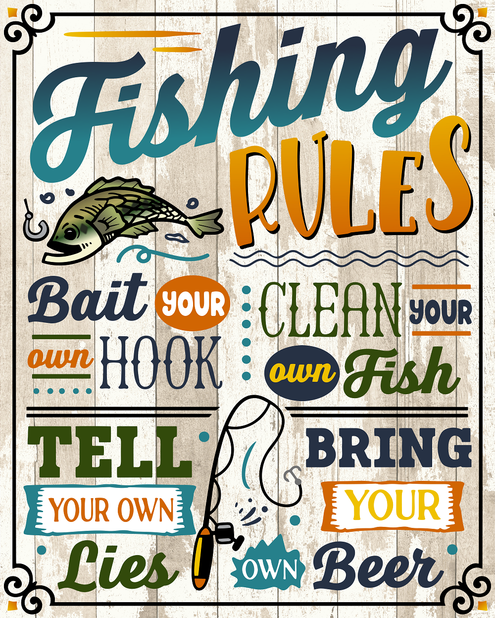 Print Shop Rectangular Sign MDF Cutout Fishing Rules Sign With Ornate Border