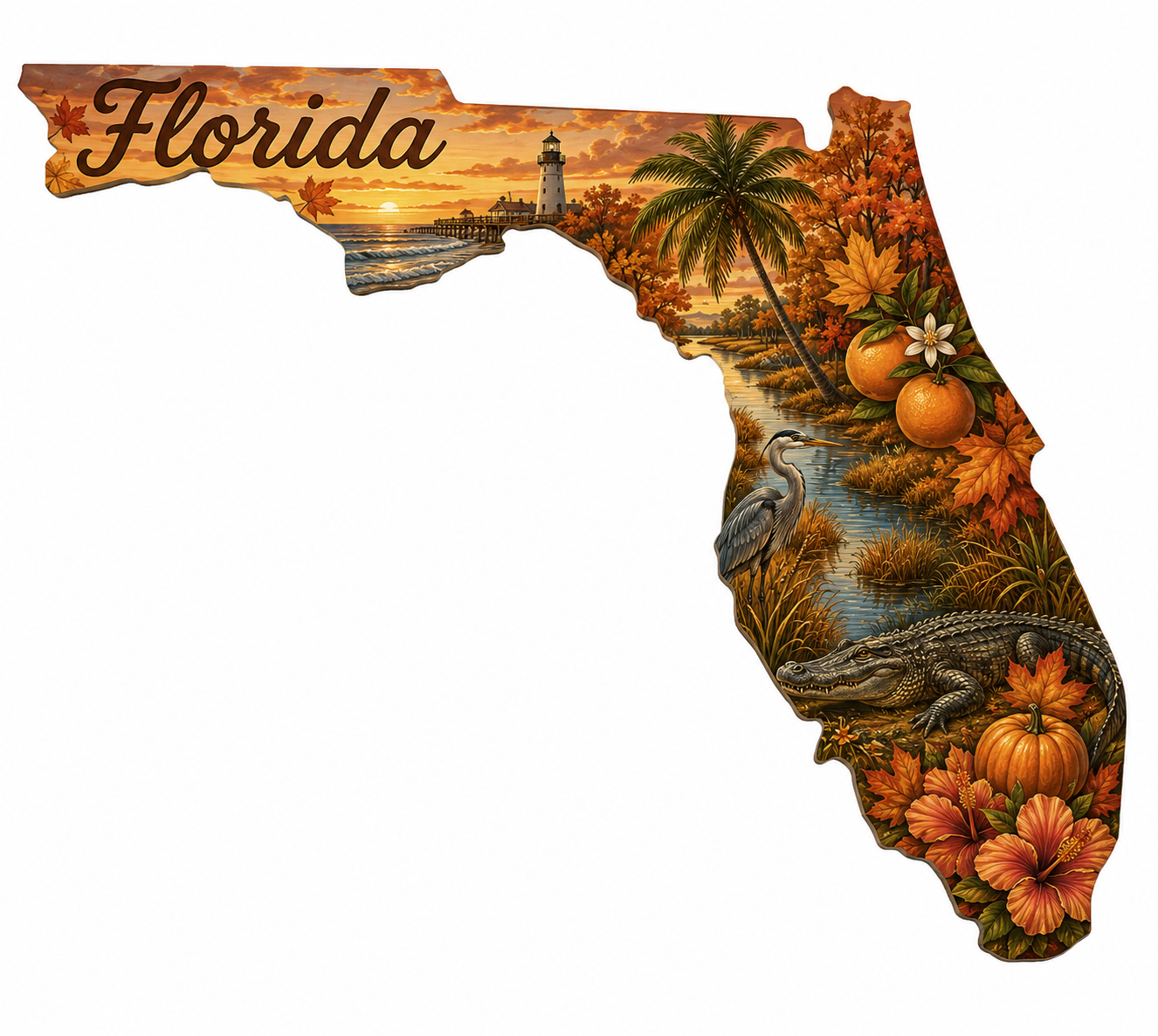 Print Ready Florida Fall Door Hanger – Autumn Sunshine State Coastal Sign – Full Color MDF Front Door Decor