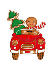 Print Shop Car MDF Cutout Gingerbread Man In Car With Christmas Tree And Candy Cane Scarf HNY Plate