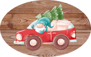 Print Shop Oval MDF Cutout Gnome In Red Car With Gifts