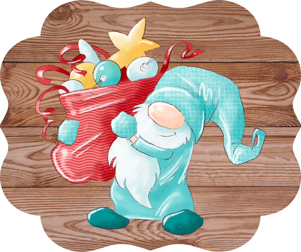 Print Shop Scalloped Plaque MDF Cutout Santa Gnome Carrying Red Gift Sack With Ornaments