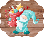 Print Shop Scalloped Plaque MDF Cutout Santa Gnome Carrying Red Gift Sack With Ornaments