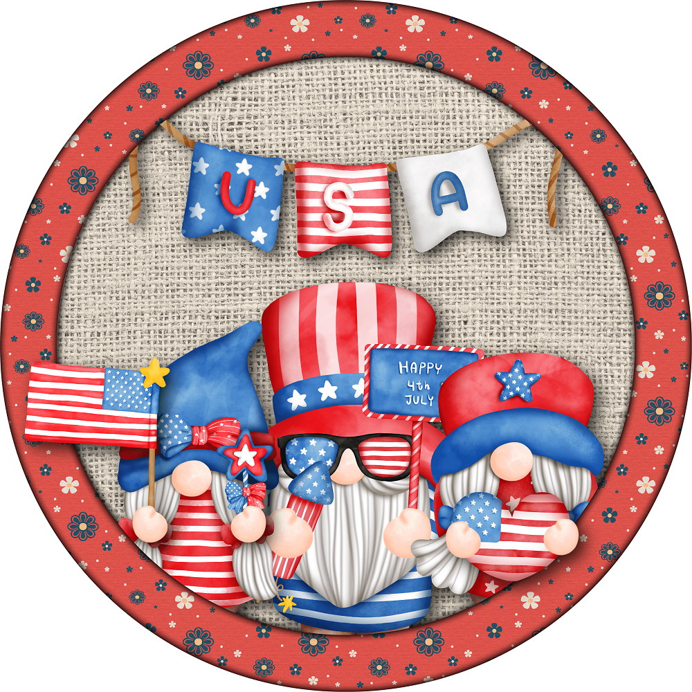 Print Shop Round MDF Cutout Patriotic USA Gnome With Hanging Flag Bunting And Happy 4th July Sign