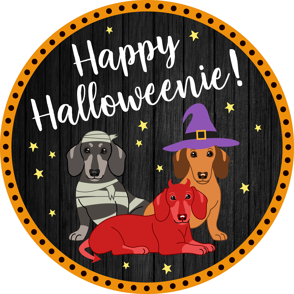 Print Shop Round MDF Cutout Happy Halloweenie! Three Dogs In Halloween Costumes On Dark Textured Background With Orange Border And Star Accents