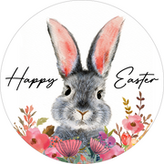 Print Shop Round MDF Cutout Happy Easter Bunny With Floral Border