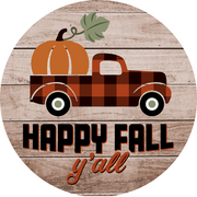 Print Shop Round MDF Cutout Happy Fall Y'all Pumpkin Truck With Plaid Pattern