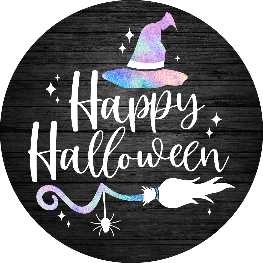 Print Shop Round MDF Cutout Happy Halloween Witch Hat Broom Scene