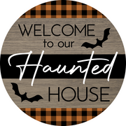 Print Shop Round MDF Cutout Welcome To Our Haunted House With Bats And Plaid Border