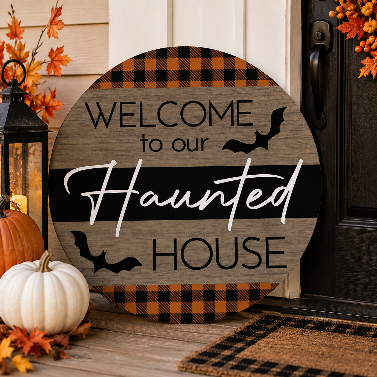 Print Shop Round MDF Cutout Welcome To Our Haunted House With Bats And Plaid Border