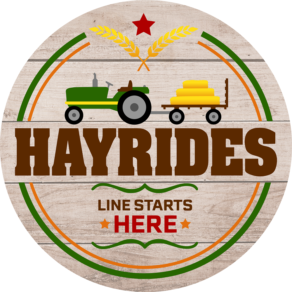 Print Shop Round MDF Cutout Hayrides Sign With Tractor And Hay Wagon Line Starts Here