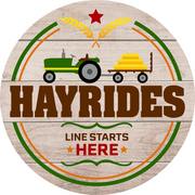 Print Shop Round MDF Cutout Hayrides Sign With Tractor And Hay Wagon Line Starts Here