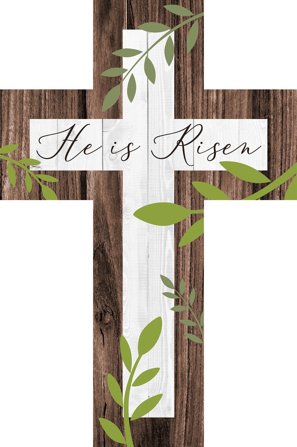 Print Shop Cross MDF Cutout He Is Risen Script With Green Leaf Vines