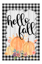 Print Shop Verticle Rectangle MDF Cutout Hello Fall Script With Pumpkins On White Panel With Black Buffalo Plaid Border