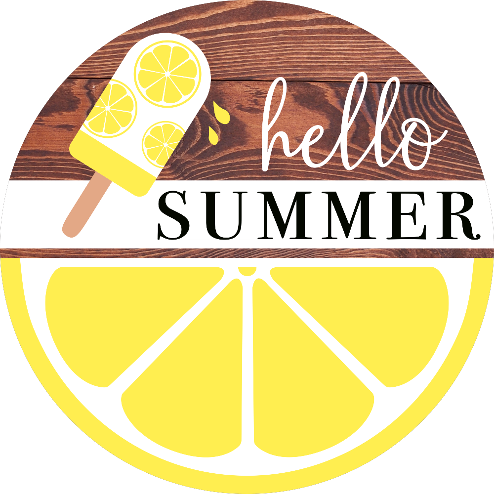 Print Shop Round MDF Cutout Hello Summer With Lemon And Ice Candy