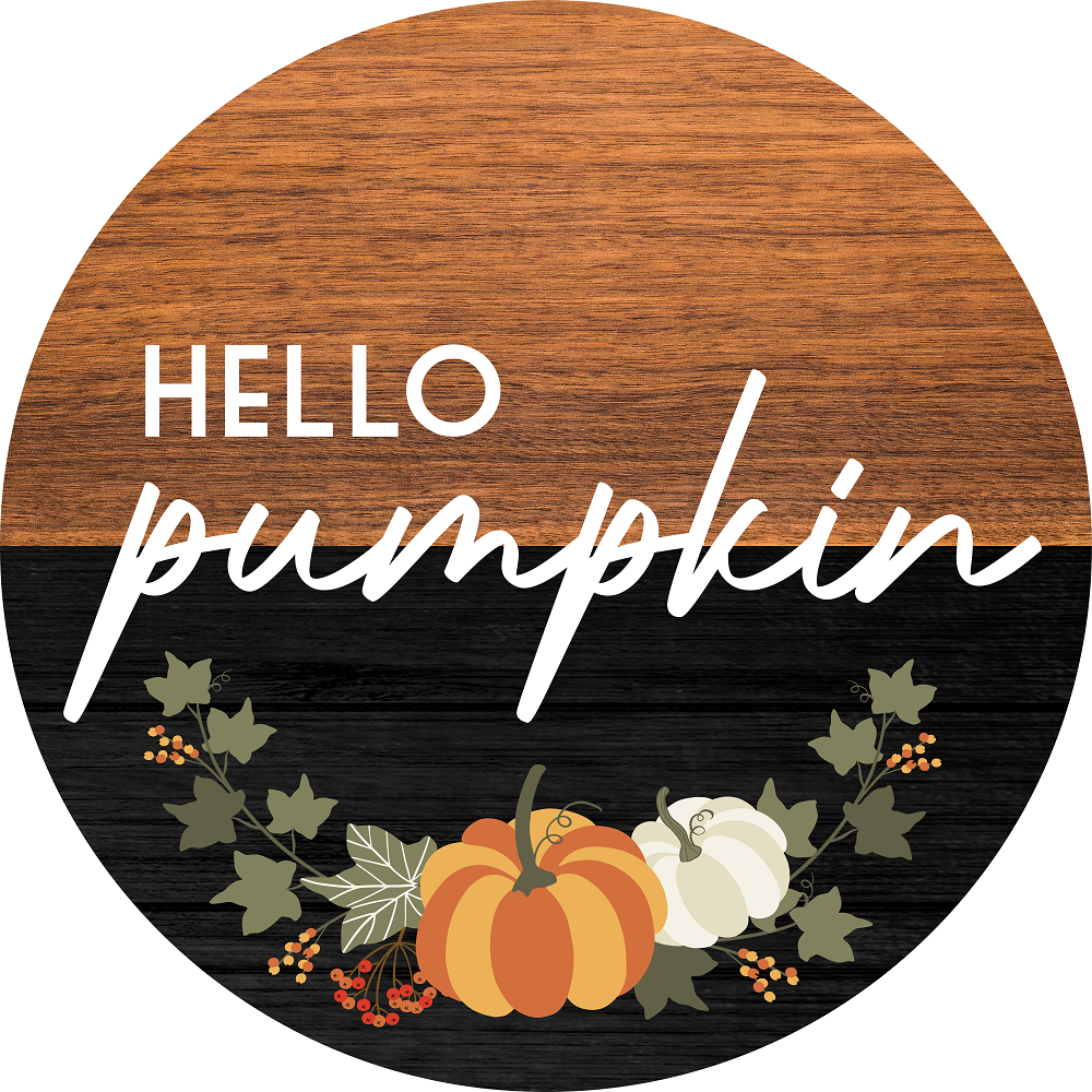 Print Shop Round MDF Cutout Hello Pumpkin With Autumn Pumpkin And Leaf Accent