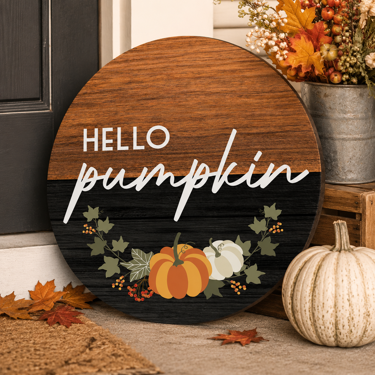 Print Shop Round MDF Cutout Hello Pumpkin With Autumn Pumpkin And Leaf Accent