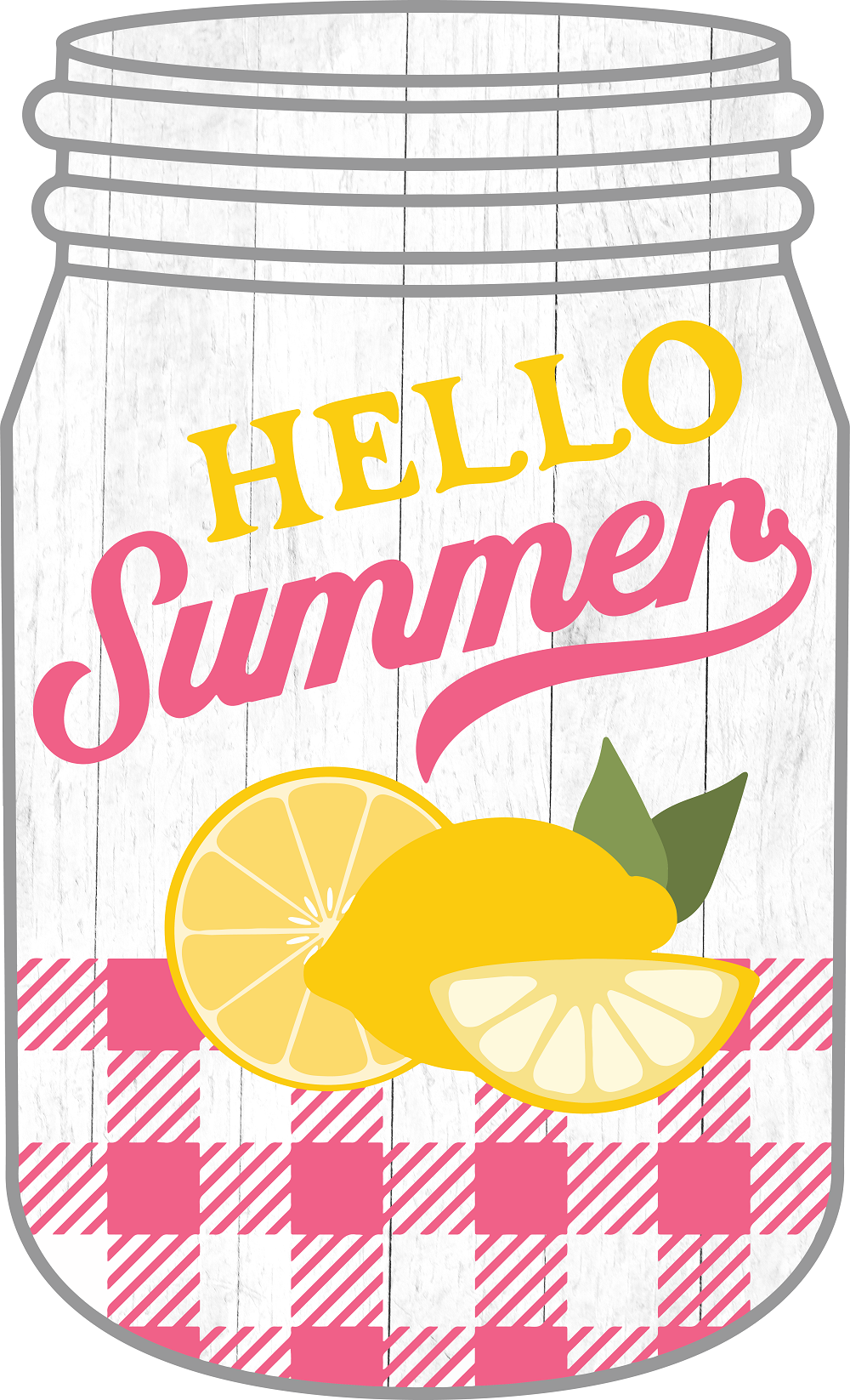 Print Shop Mason Jar MDF Cutout Hello Summer With Lemons And Pink Plaid Band