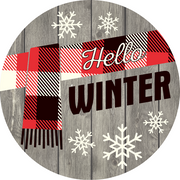 Print Shop Circle MDF Cutout Hello Winter Plaid Scarf Snowflakes