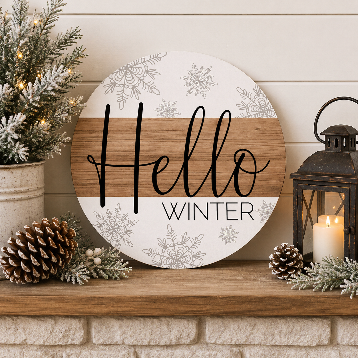 Print Shop Round MDF Cutout Hello Winter With Snowflake Design