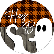 Print Shop Round MDF Cutout Hey Boo Ghost Halloween Buffalo Plaid Rustic Texture