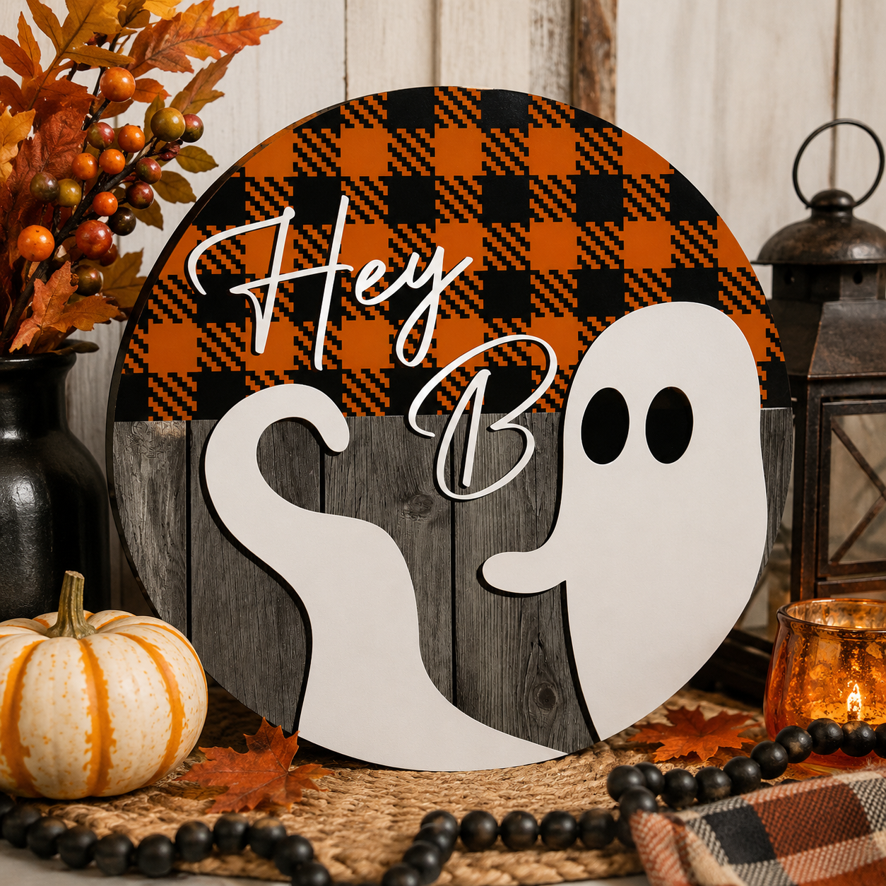 Print Shop Round MDF Cutout Hey Boo Ghost Halloween Buffalo Plaid Rustic Texture