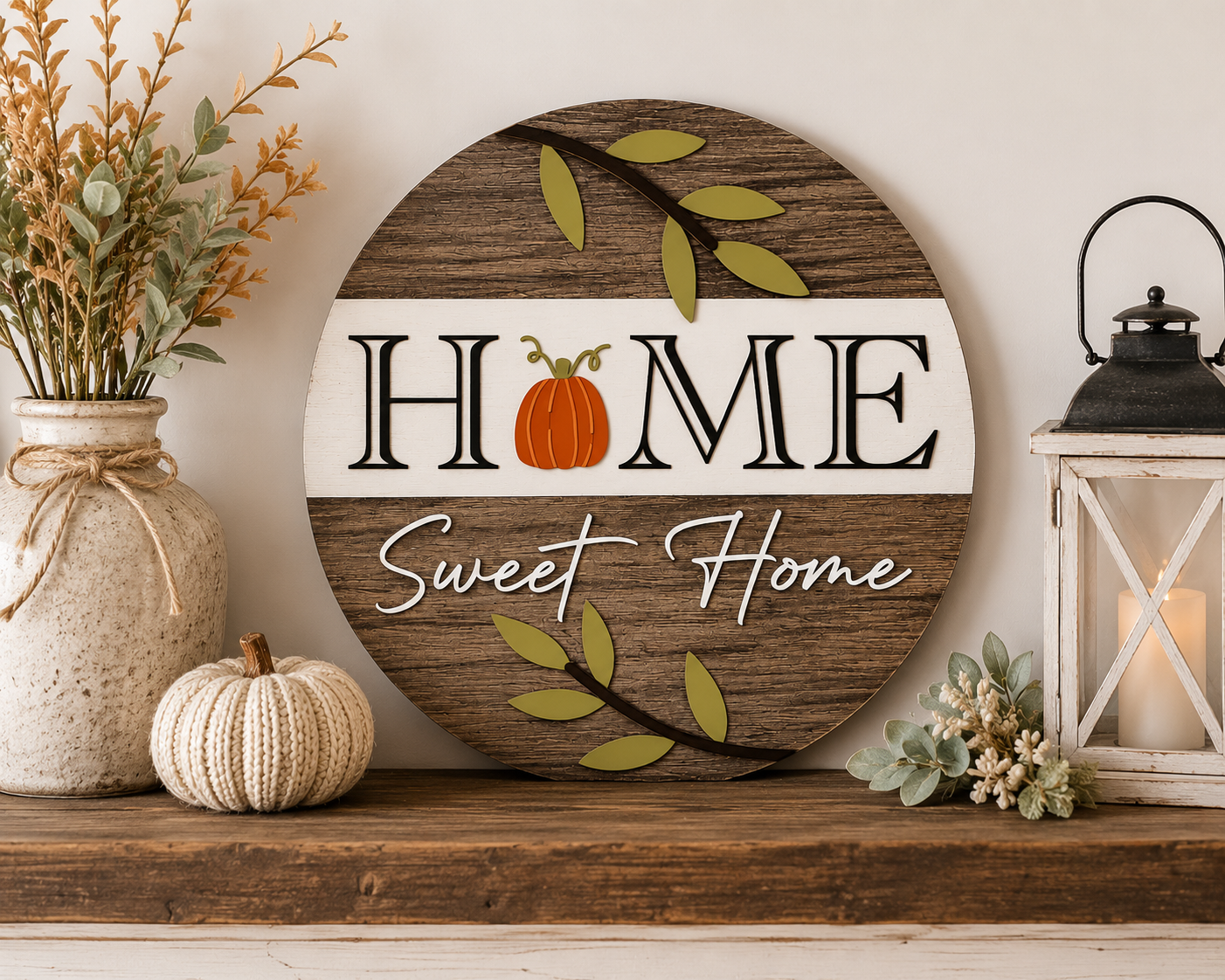 Print Shop Round MDF Cutout Home Sweet Home With Pumpkin