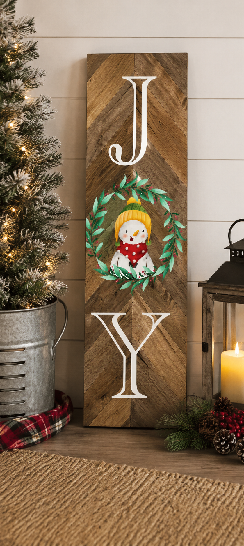 Print Shop Rectangle MDF Cutout Joy With Wreath And Snowman