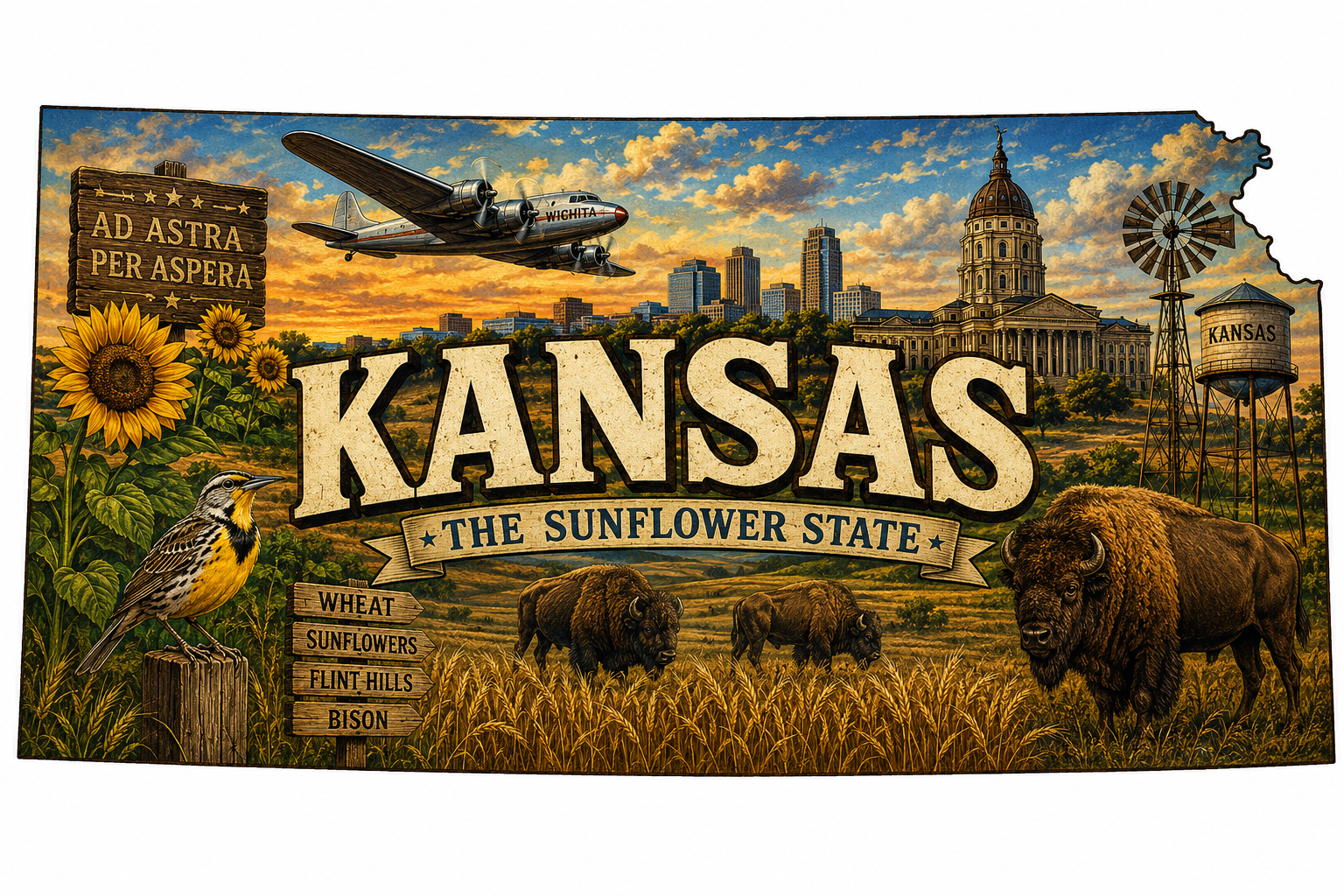 Print Ready Kansas Sunflower State Door Hanger – Kansas State Landmarks & Prairie Sign – Full Color MDF Front Door Decor