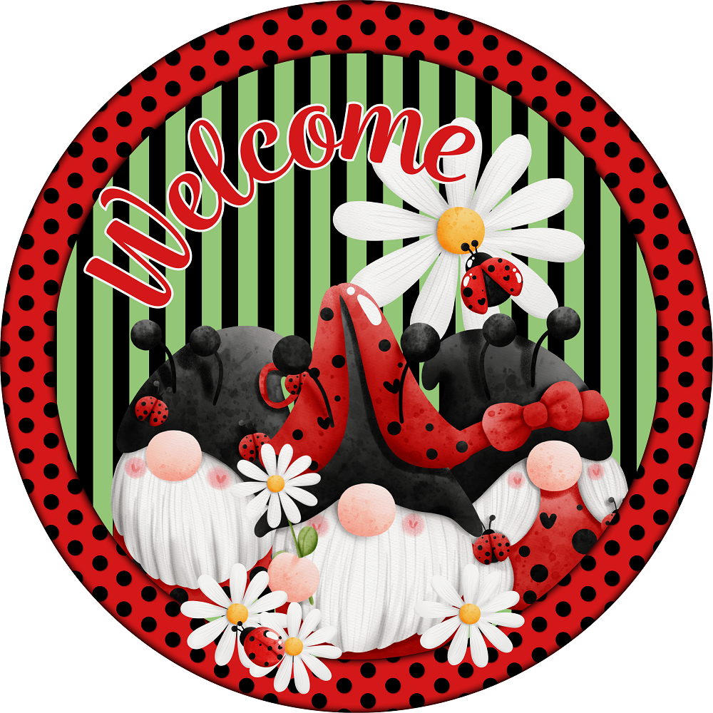 Print Shop Round MDF Cutout Welcome With Gnome Ladybug