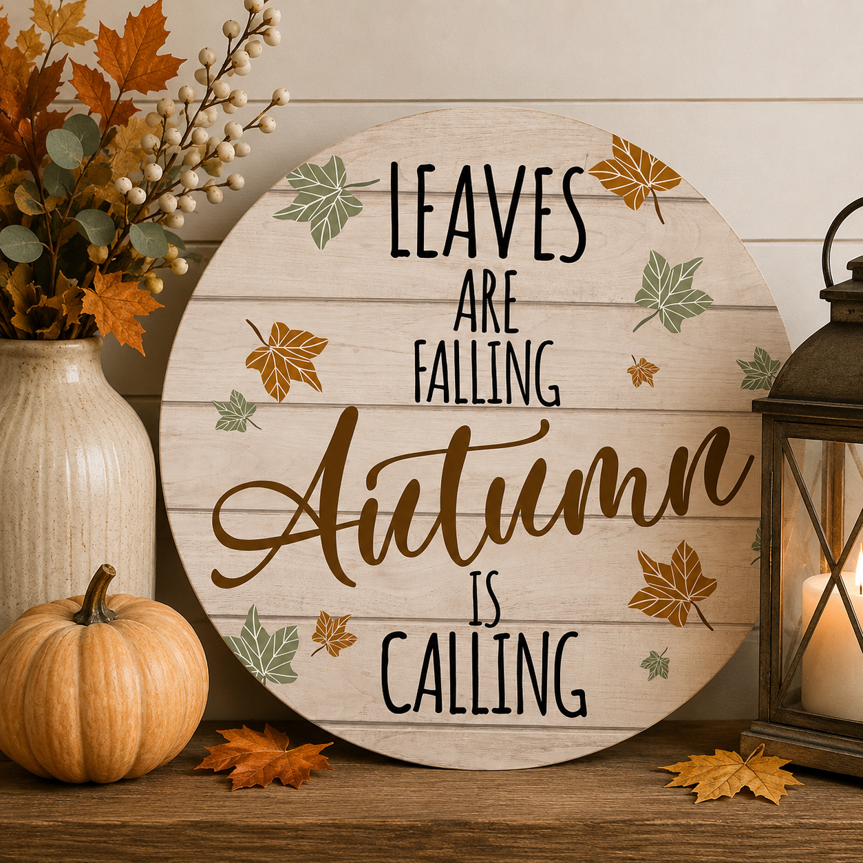 Print Shop Round MDF Cutout Leaves Are Falling Autumn Is Calling