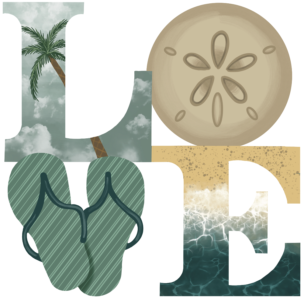Print Shop Love MDF Cutout Palm Tree Beach Scene Inside Letterforms With Clouds, Sand, Flip-Flops And Ocean Waves