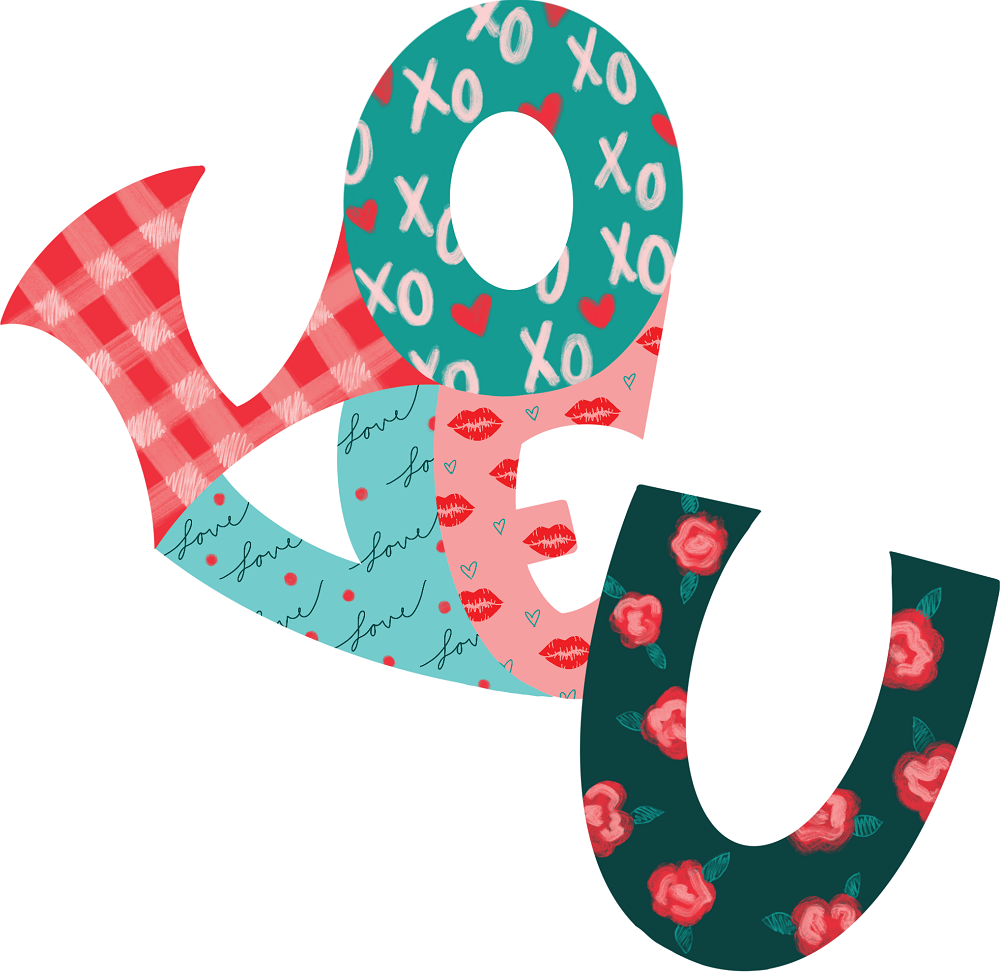 Print Shop Letters MDF Cutout Love U Patchwork With Plaid Red, XO Teal, Lip Print Pink, Script Love Teal, Rose Florals