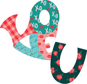 Print Shop Letters MDF Cutout Love U Patchwork With Plaid Red, XO Teal, Lip Print Pink, Script Love Teal, Rose Florals