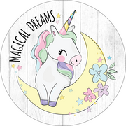 Print Shop Round MDF Cutout Magical Dreams Unicorn On Crescent Moon With Flowers