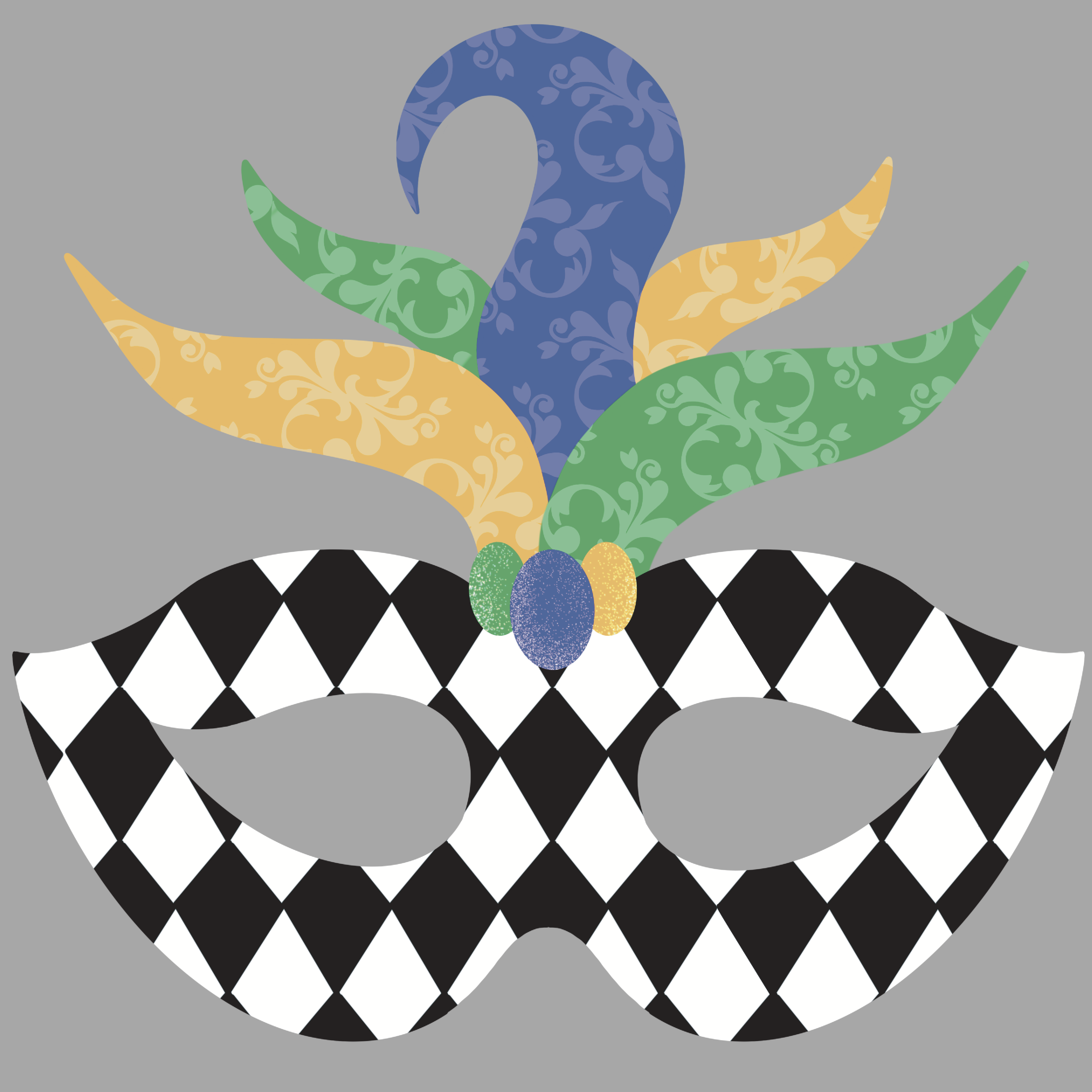 Print Shop Mask MDF Cutout Mardi Gras Harlequin Diamond Pattern With Colorful Feather Plumes