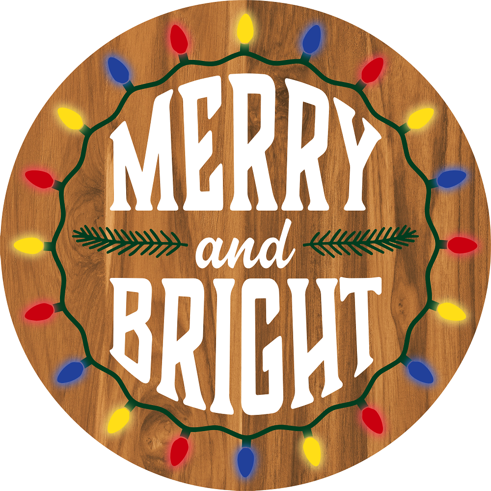 Print Shop Round MDF Cutout Merry And Bright With Christmas Lights Border