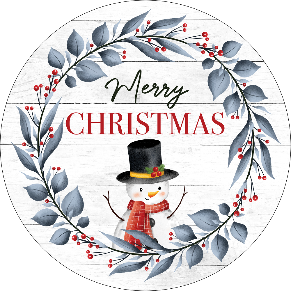 Print Shop Rpund MDF Cutout Merry Christmas Snowman With Wreath