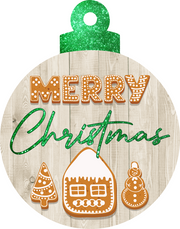 Print Shop Round Ornament MDF Cutout Merry Christmas With Glitter Green Script And Gingerbread House