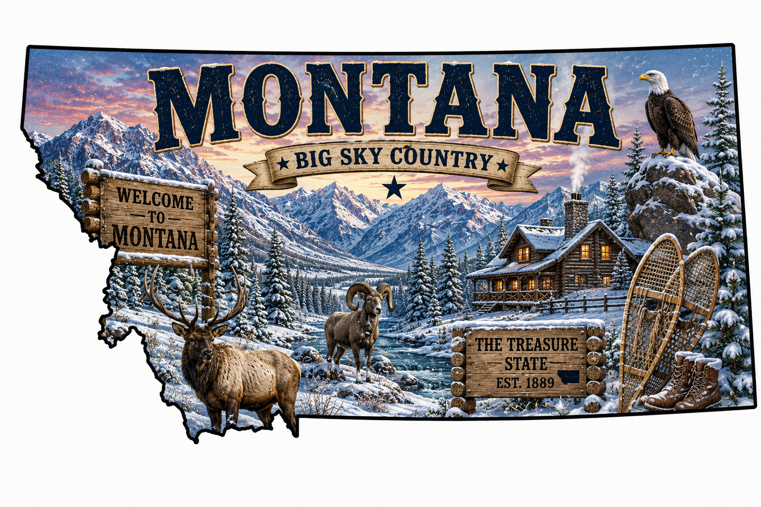 Print Ready Montana Big Sky Country Winter Door Hanger – Montana State Christmas Sign – Full Color MDF Holiday Front Door Decor
