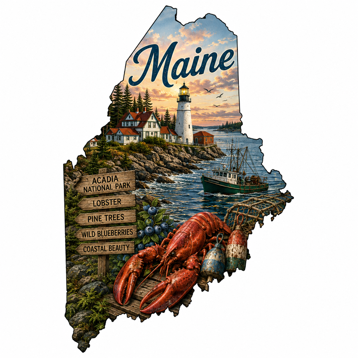 Print Ready Maine Door Hanger – Maine State Coastal Scene – Full Color MDF Front Door Decor